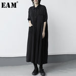 [EAM] Women Black Pleated Split Big Size Long Shirt Dress New Lapel Half Sleeve Loose Fit Fashion Tide Spring Summer 2020 1X316