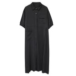 [EAM] Women Black Pleated Split Big Size Long Shirt Dress New Lapel Half Sleeve Loose Fit Fashion Tide Spring Summer 2020 1X316