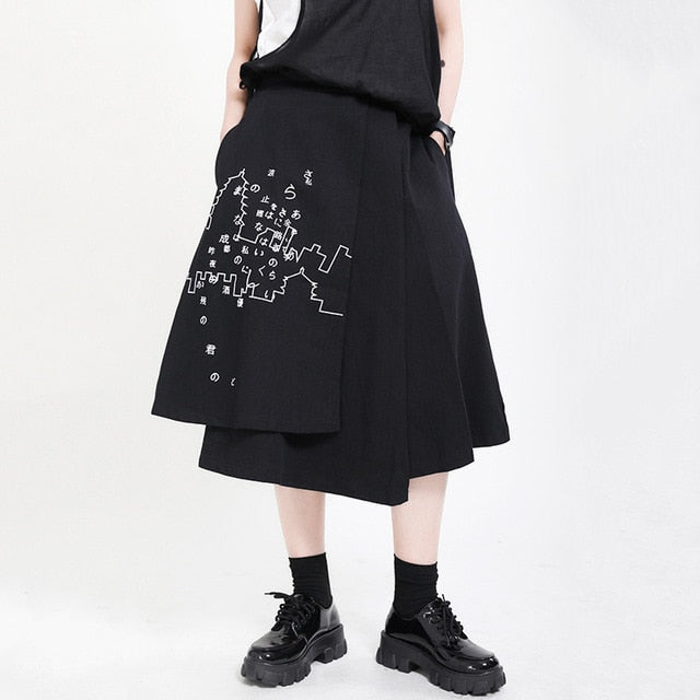 [EAM] High Elastic Waist Black Pattern Printed Irregular Half-body Skirt Women Fashion Tide New Spring Autumn 2020 1X349