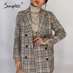 Simplee Elegant autumn winter plaid women blazer coat Causal long sleeve tweed coat short Office ladies pocket women suit blazer