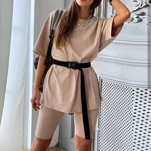 Women's Bicycles 2020 Summer Short Suit With Bicycles Two Piece Sets Shorts And Tops With Belt Casual Home Loose Shorts Suit