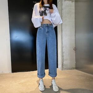 Women's High Waist Straight Jeans Three Buttons Adjustment Baggy Jeans Leisure Boyfriend Jeans For Ladies Pants Streetwear 2020