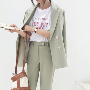 Vintage Autumn Winter Thicken Women Pant Suit Light Green Notched Blazer Jacket & Pant 2020 Office Wear Women Suits Female Sets