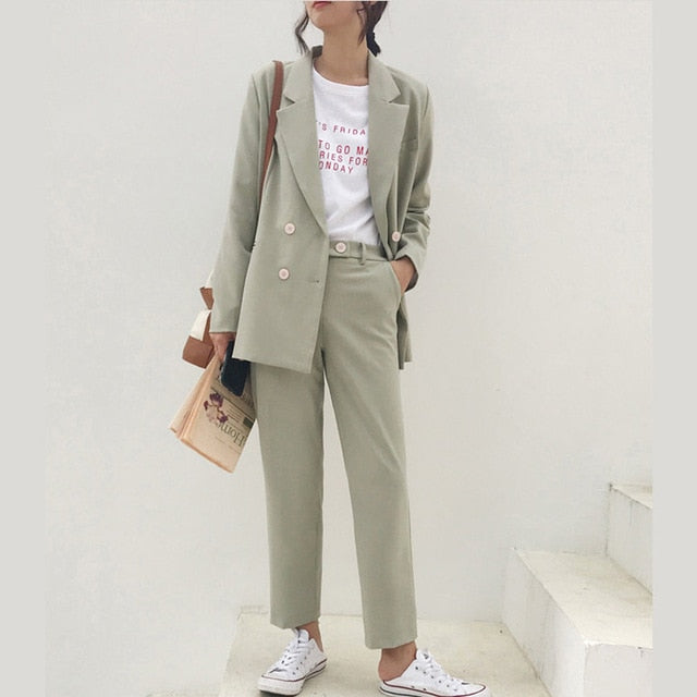 Vintage Autumn Winter Thicken Women Pant Suit Light Green Notched Blazer Jacket & Pant 2020 Office Wear Women Suits Female Sets